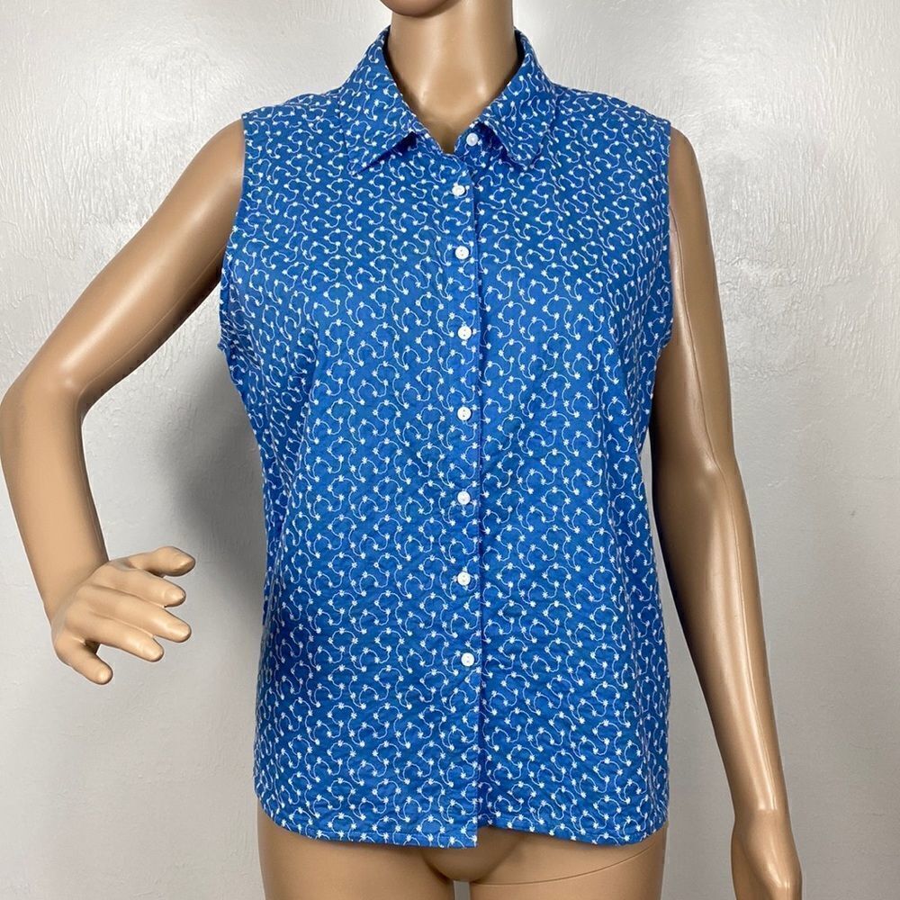 Marsh Landing Blue And White Embroidered Sleeves Top